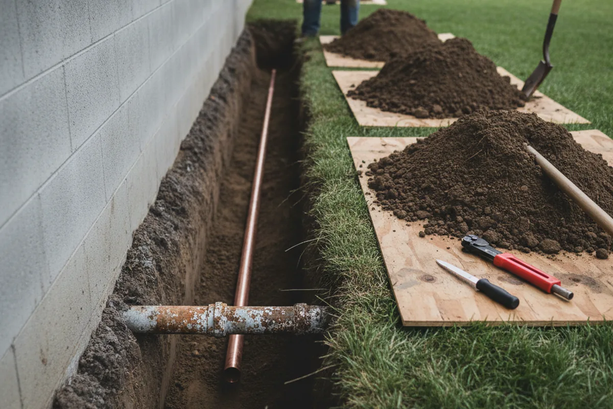 Excavated water line trench during Water Softener Installation in Pauma Valley